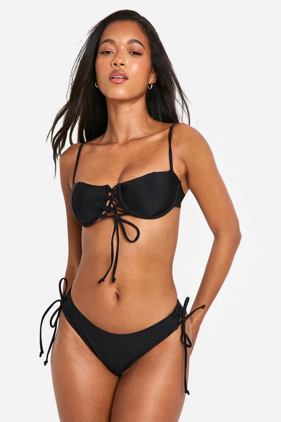 Black Lace Up Detail Underwired Bikini Top