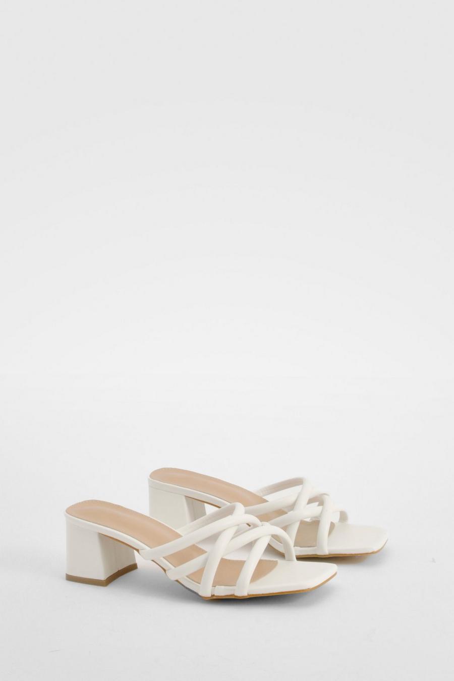 White Strappy Block Heeled Mules     
