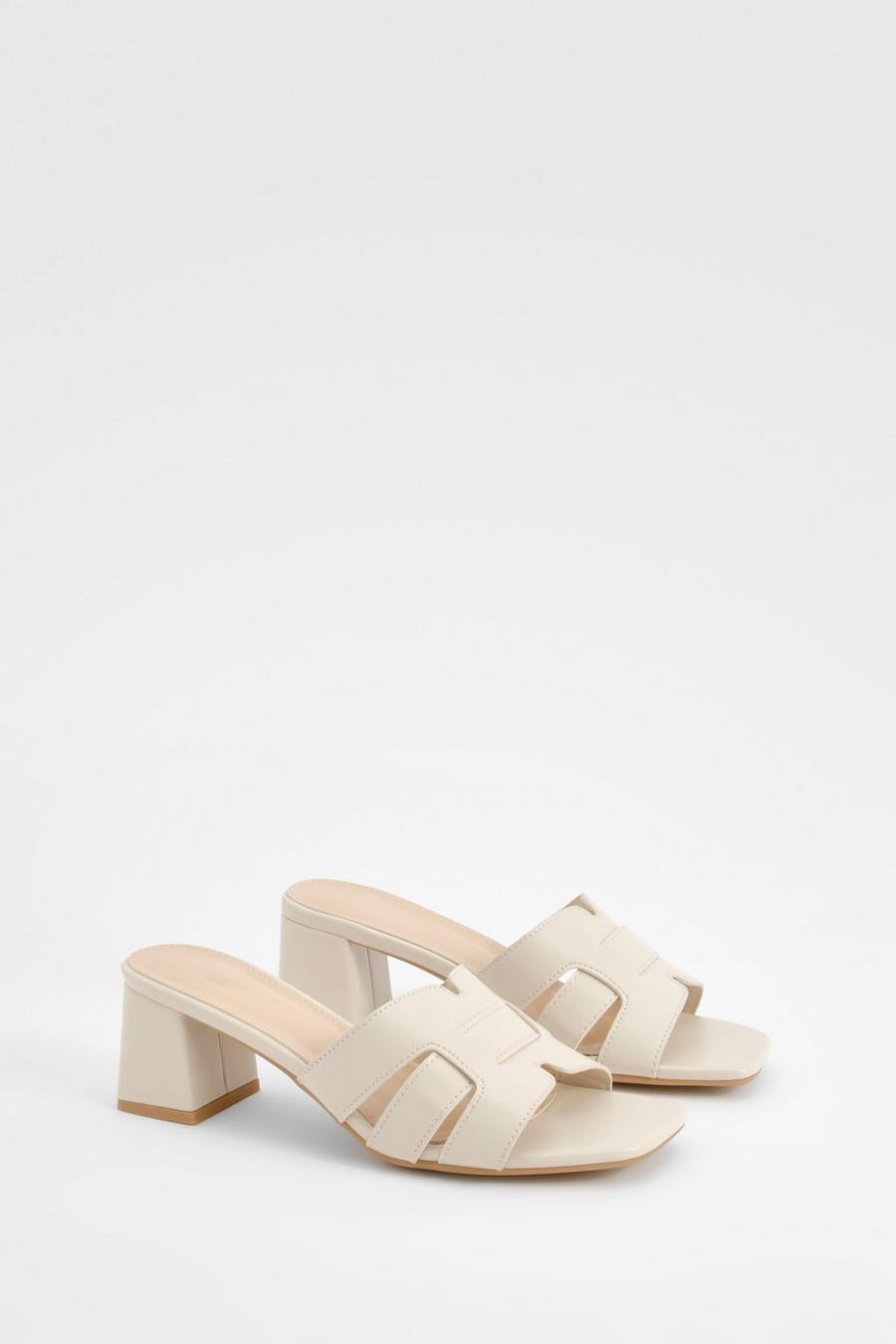 Cream Cut Out Block Heeled Mules    