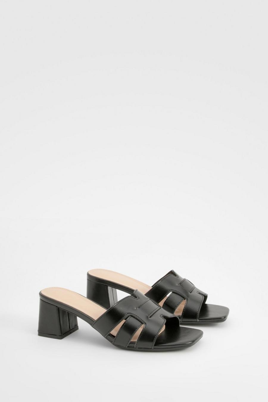 Black Cut Out Block Heeled Mules    