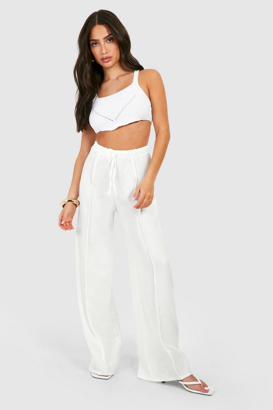 Petite - Pantalon large en lin à coutures apparentes, White image number 1