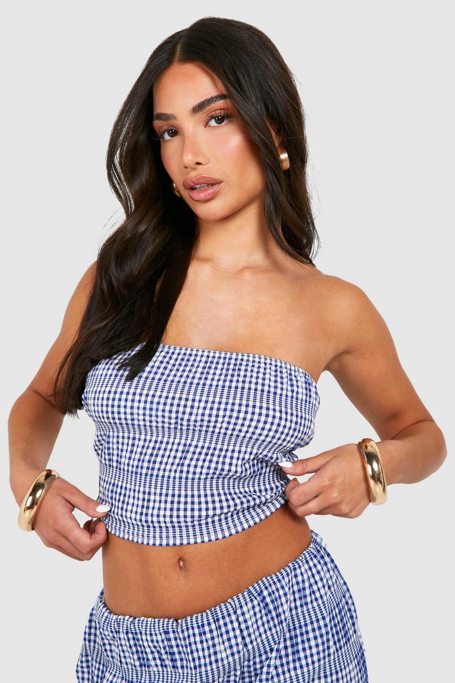 Blue Petite Gingham Woven Bandeau Top image number 1