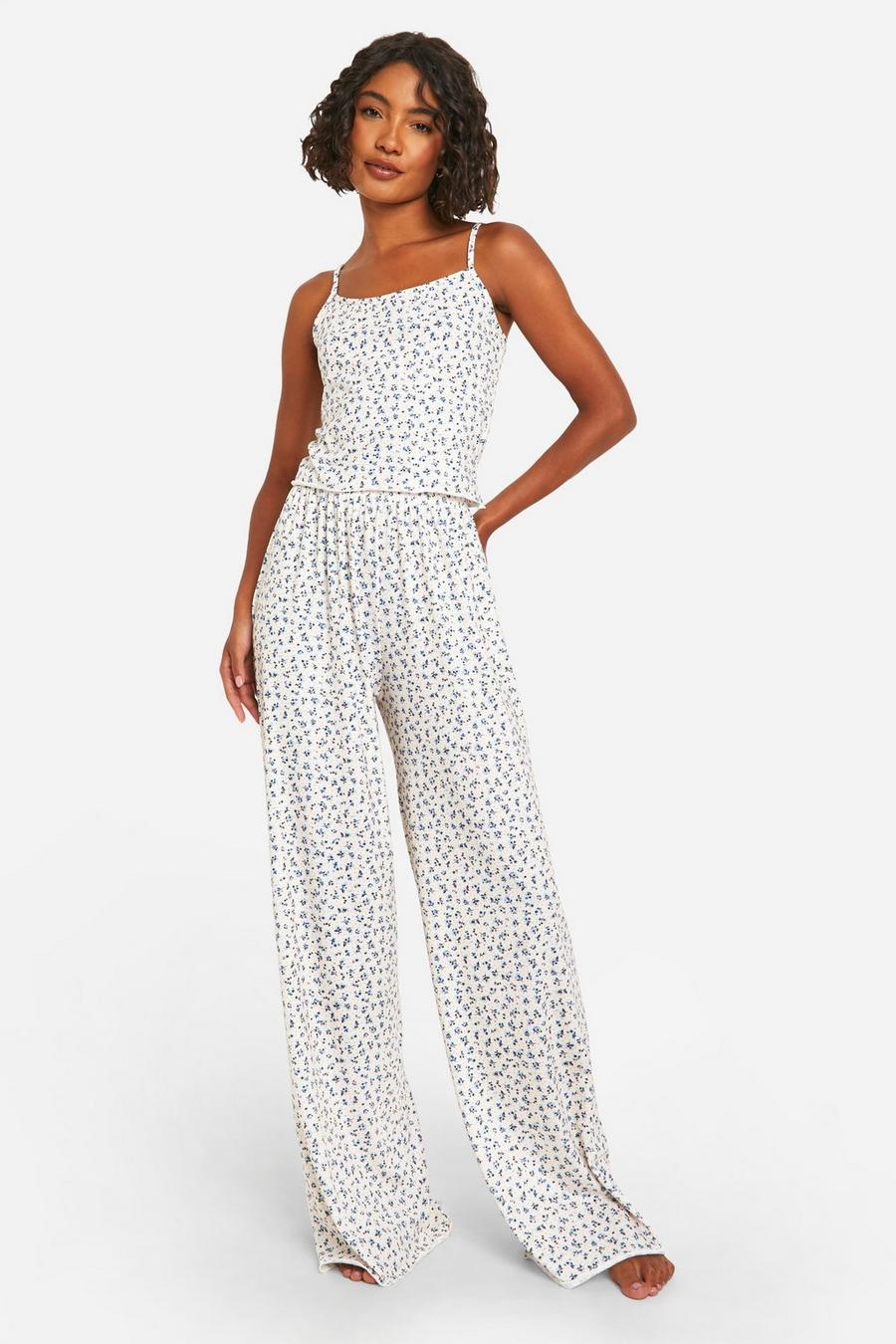White Tall Bloemenpatroon Pyjama Set Met Broek image number 1