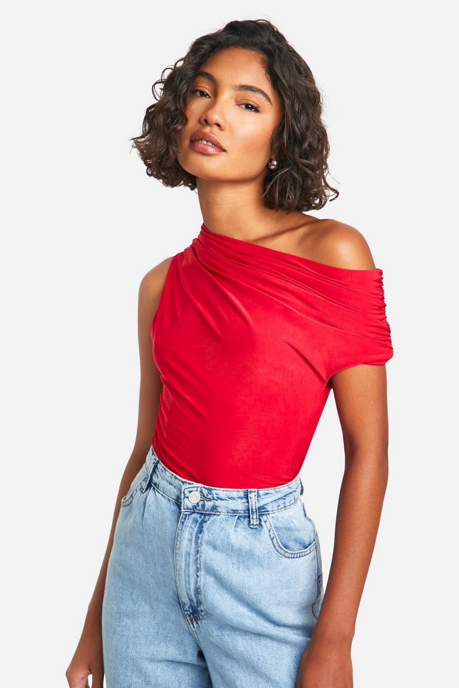 Red Tall Double Layer Slinky Bardot Top