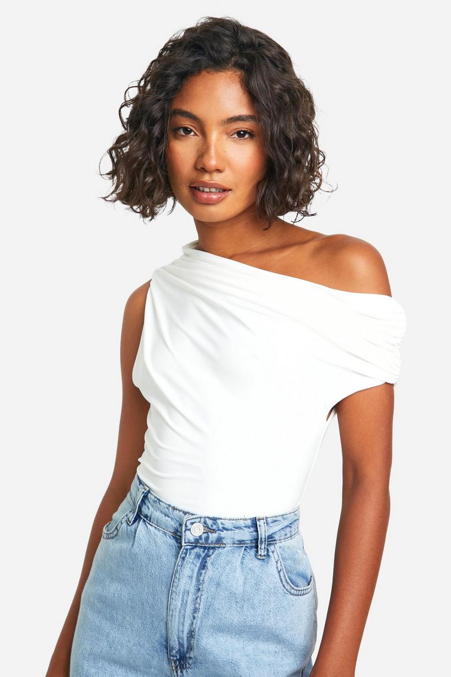 White Tall Double Layer Slinky Off The Shoulder Top image number 1