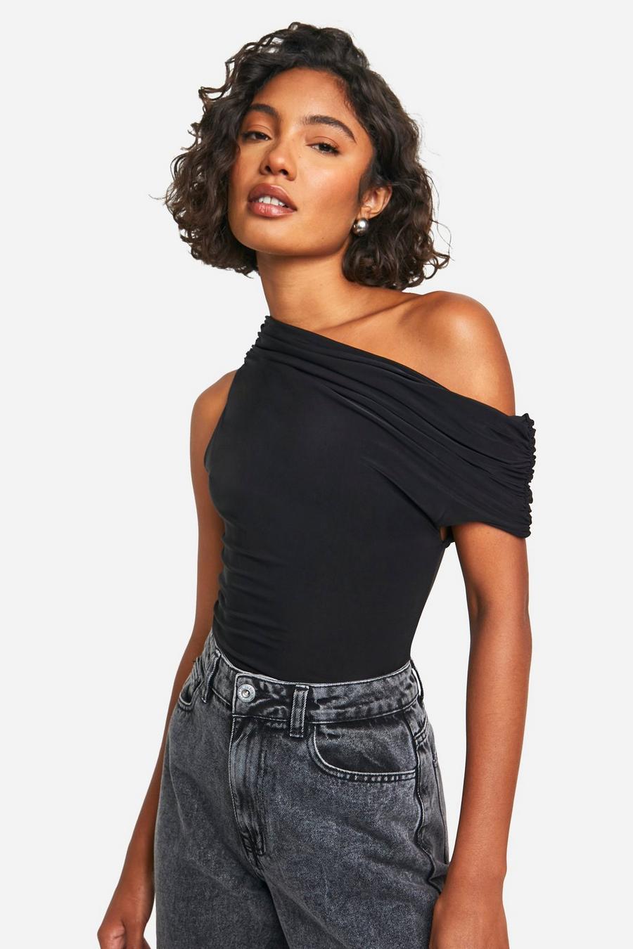 Black Tall Double Layer Slinky Off The Shoulder Top image number 1