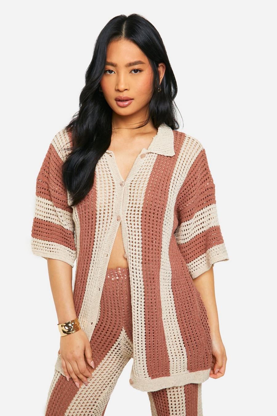Petite Knitted Stripe Oversized Shirt, Taupe