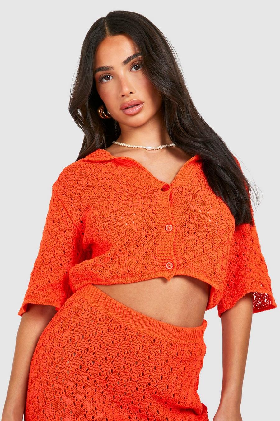 Orange Petite Knitted Pointelle Cropped Shirt
