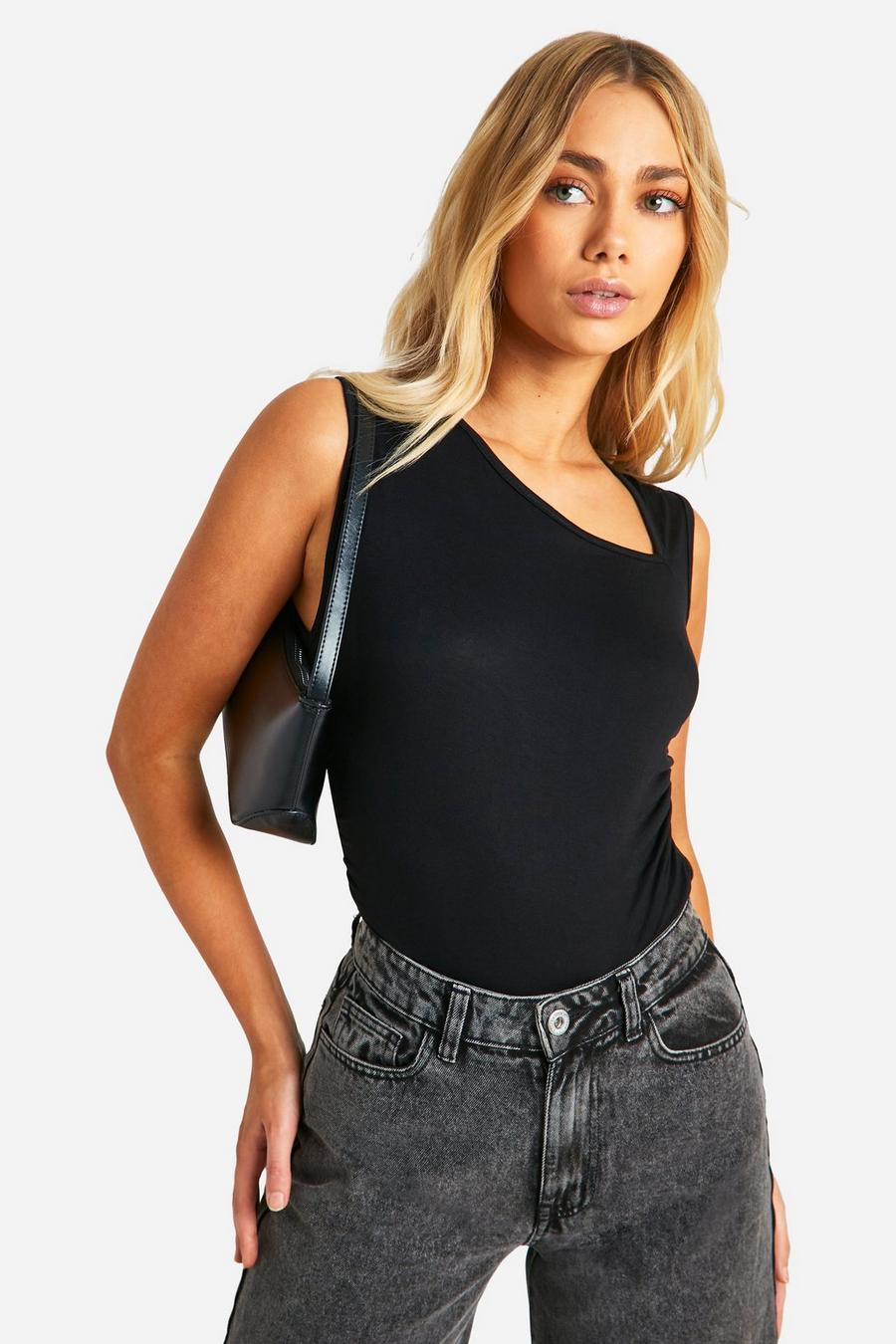 Black Asymmetric Sleeveless Bodysuit