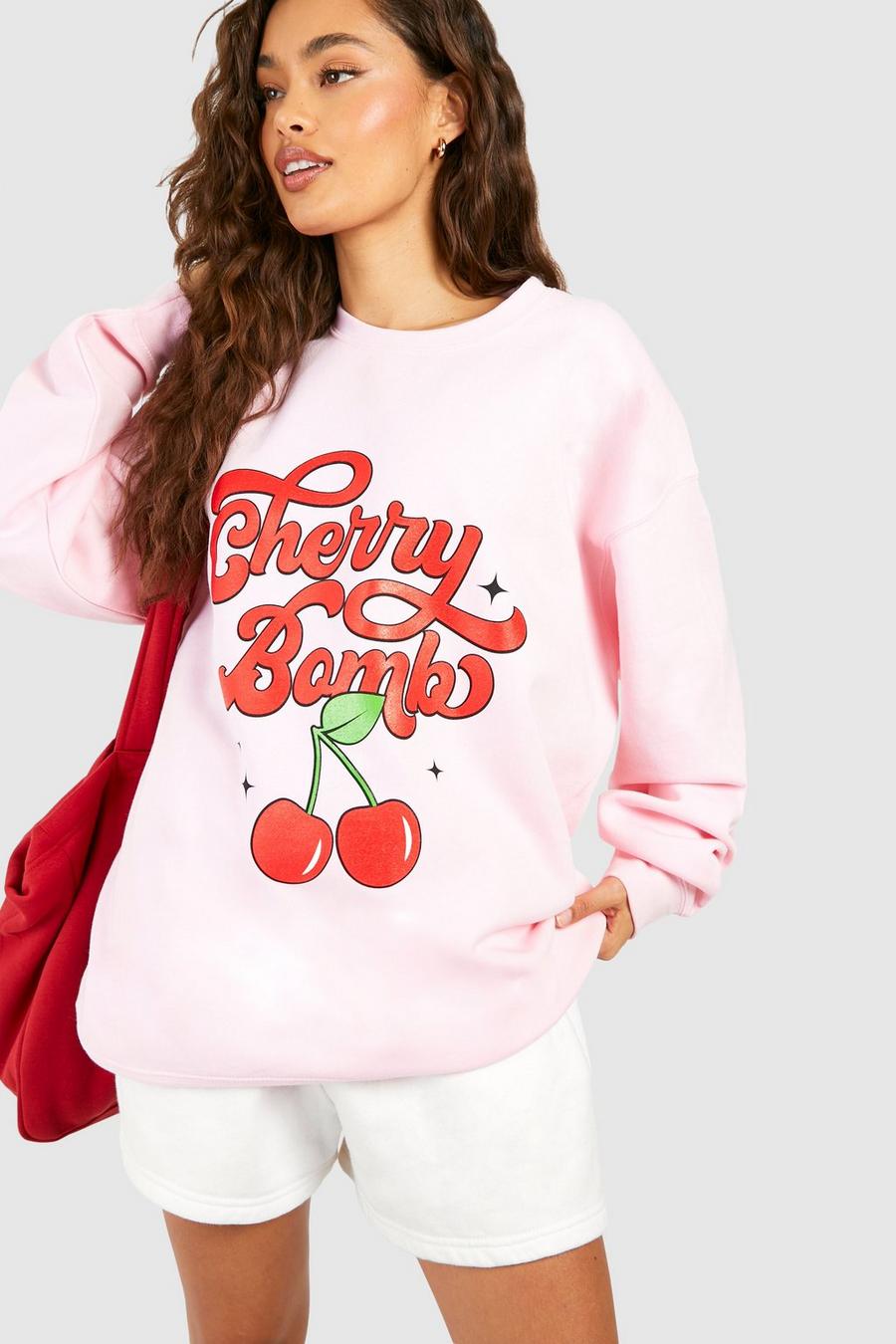 Felpa oversize con stampa di slogan Cherry Bomb, Light pink image number 1