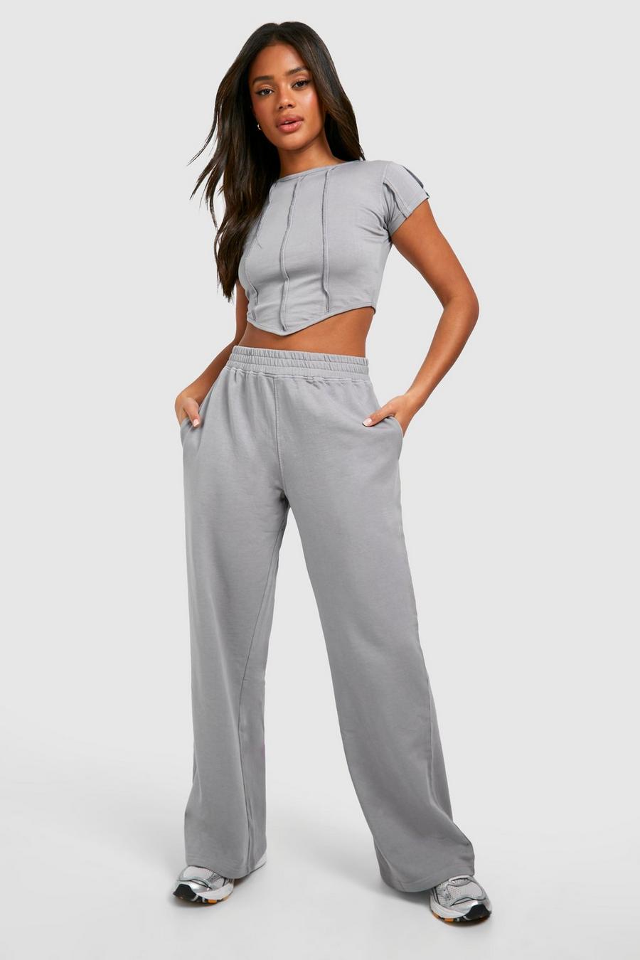 Charcoal Washed Corset Hem Seam Detail Top And Jogger Set
