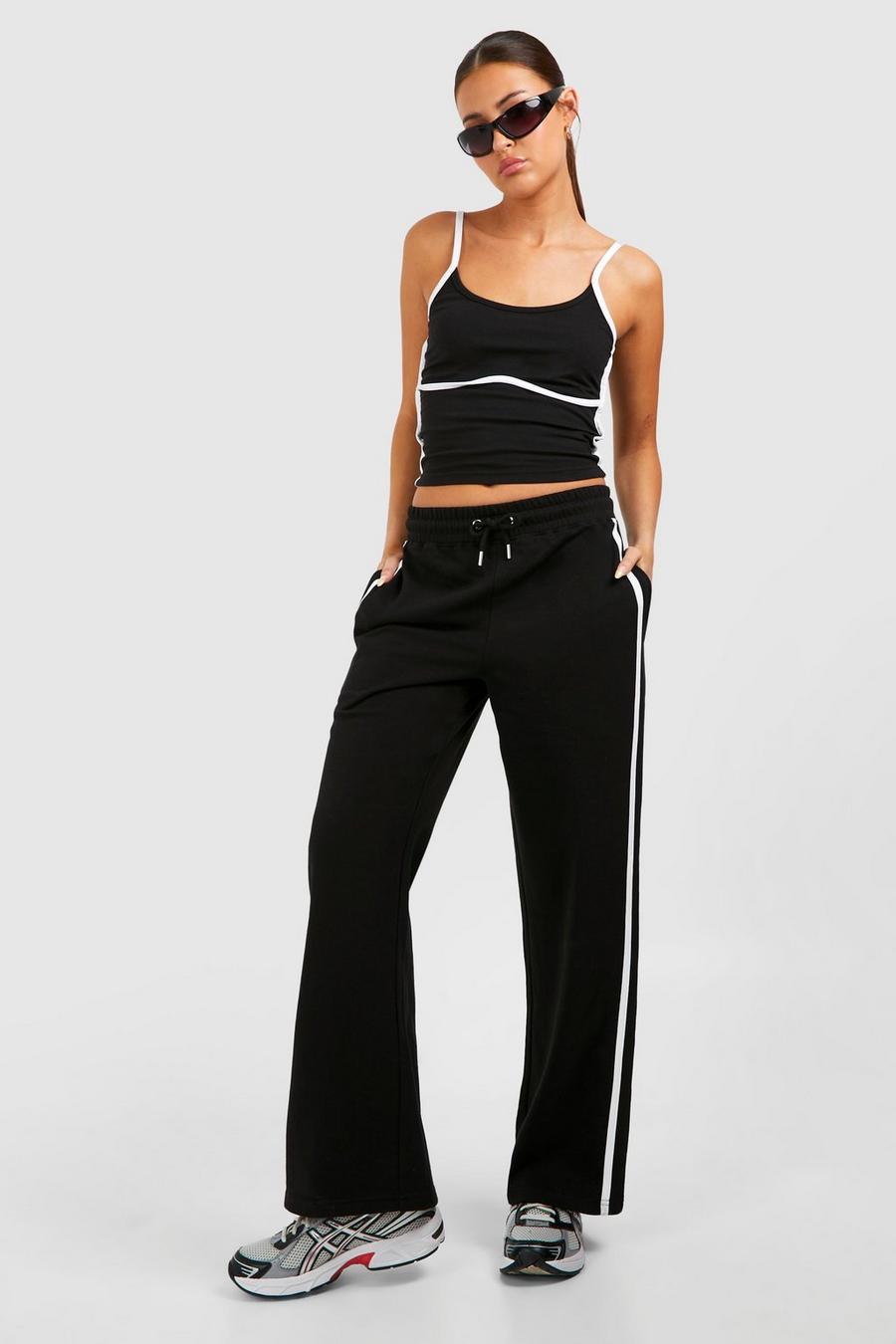 Black Piping Detail Vest Top And Straight Leg Jogger Set