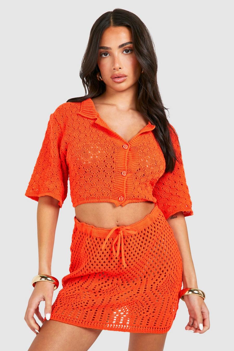 Orange Petite Stickad minikjol med knytdetalj image number 1