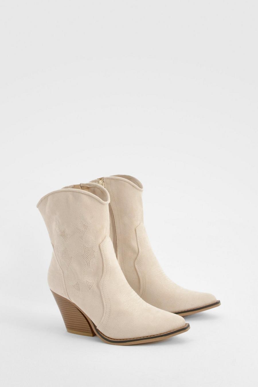 Taupe Embroidered Calf High Western Boots  