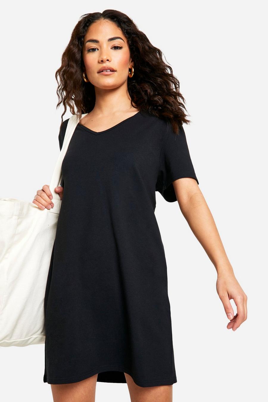 Black Petite Basic Vneck Oversized T-shirt Dress