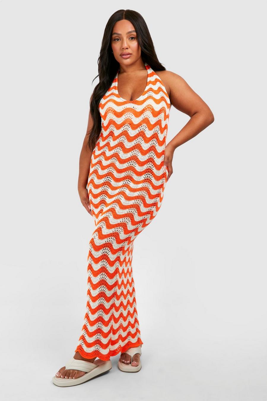 Orange Plus Stripped Halter Wave Crochet Maxi Dress