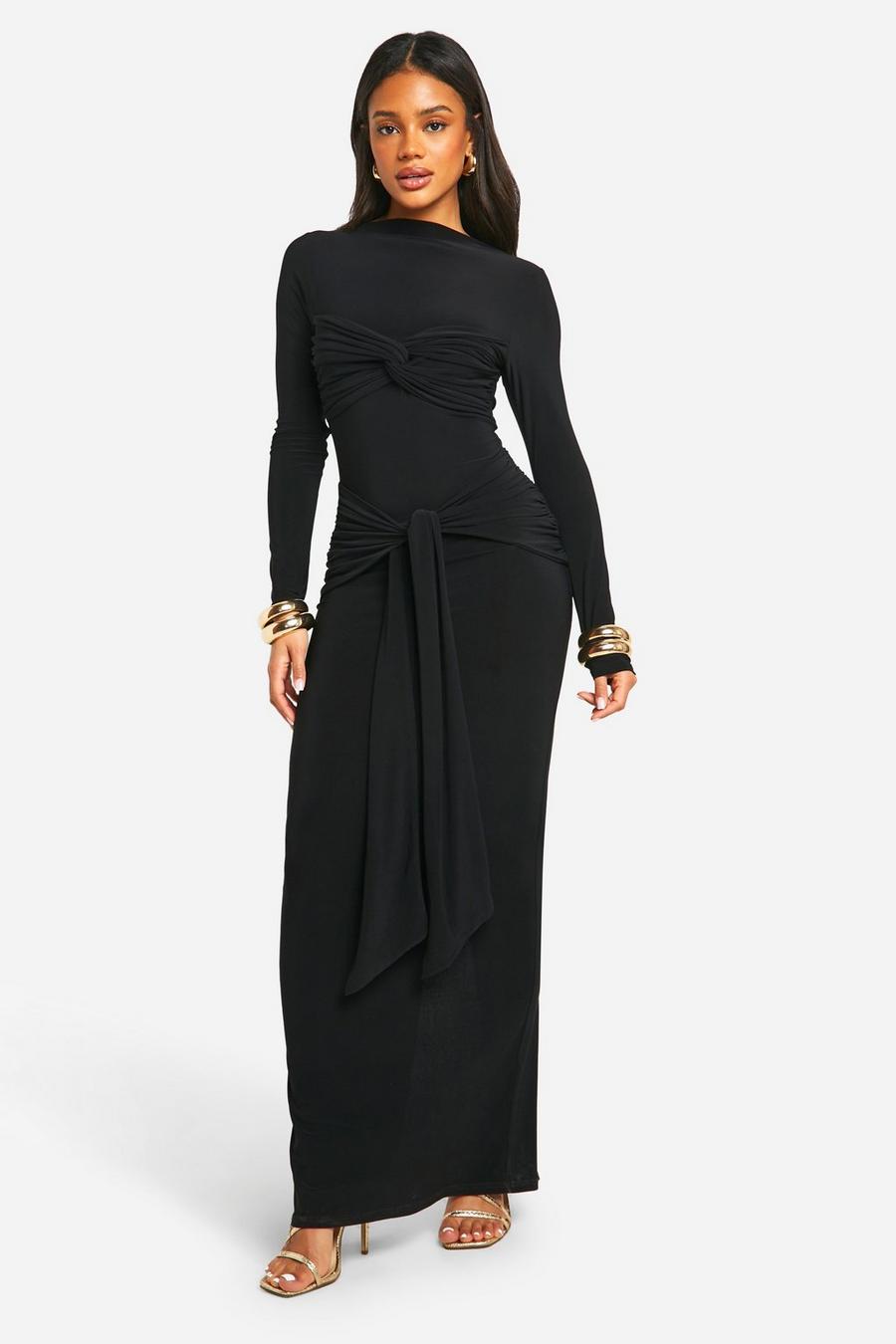 Black Ruched Twist Detail Maxi Dress