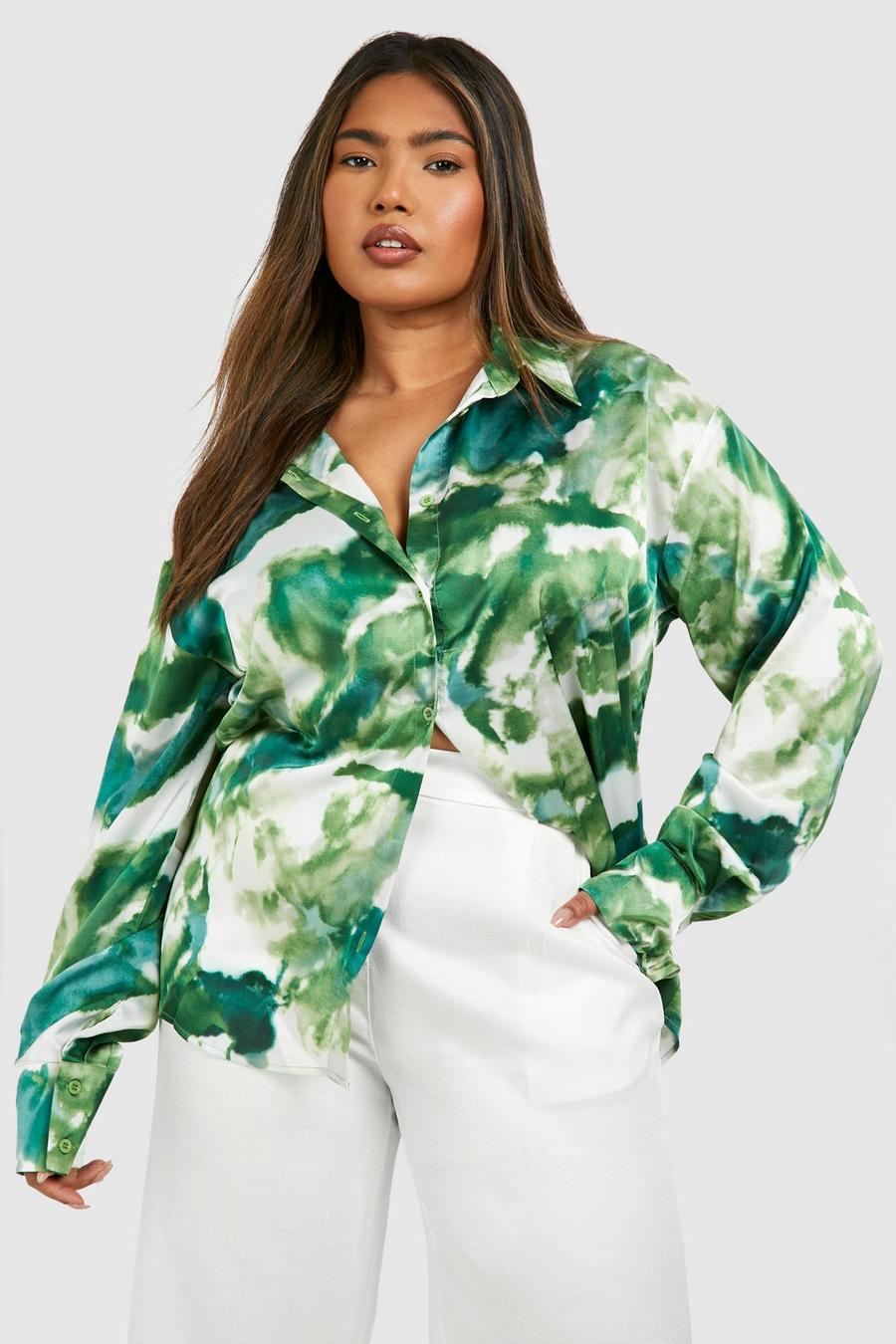 Camisa Plus oversize con estampado abstracto verde, Green