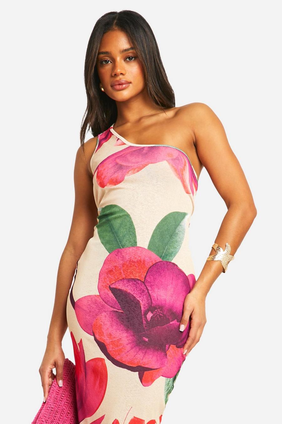 Multi Sheer Floral One Shoulder Open Back Maxi Dress