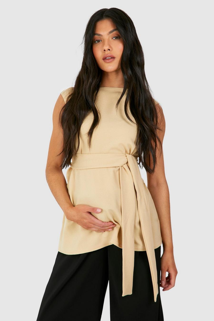 Stone Maternity Sleeveless Belted Crepe Top
