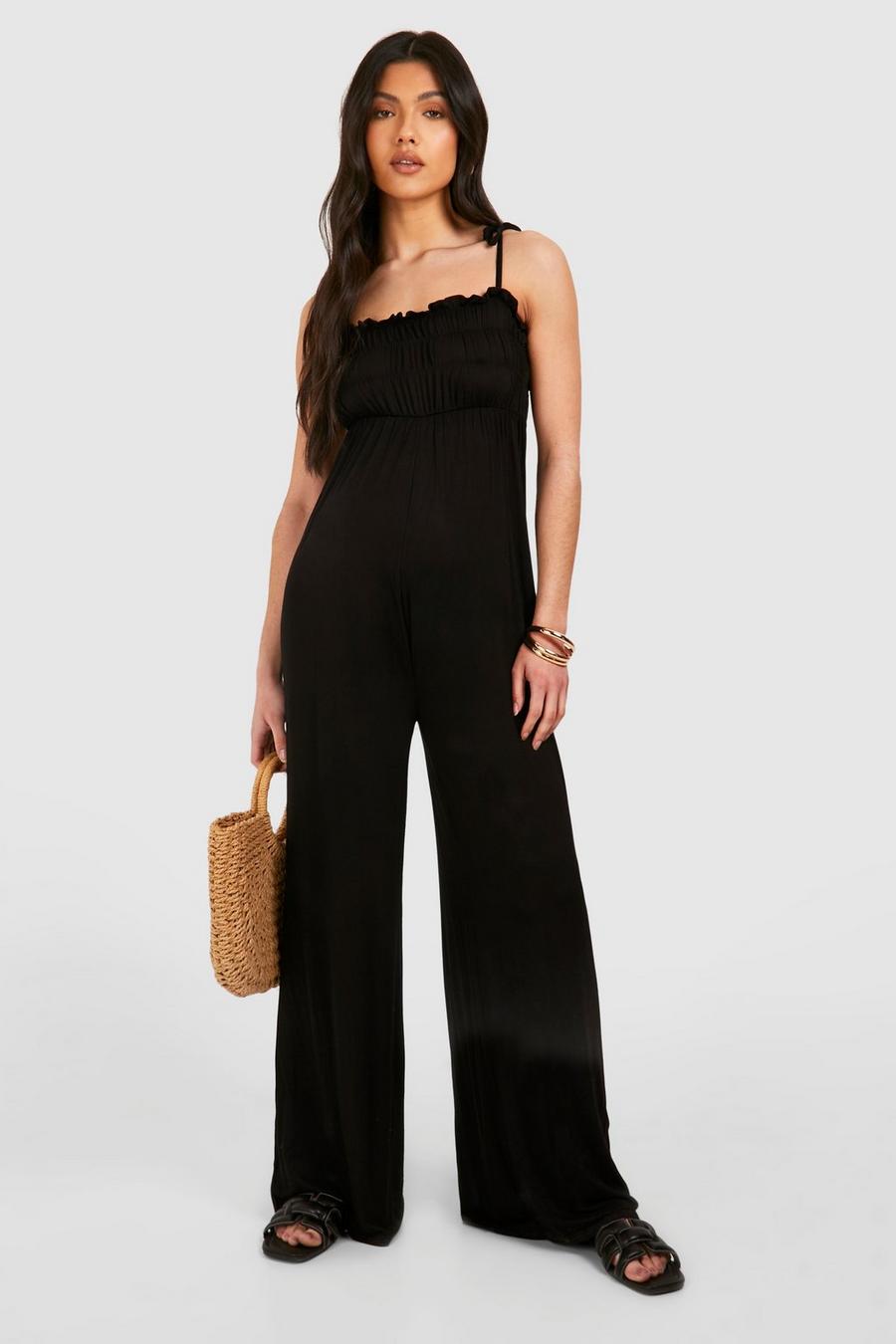 Black Maternity Shirred Strappy Jumpsuit image number 1