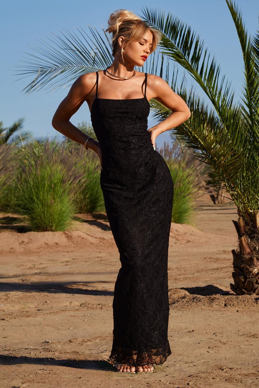 Black Molly Smith Square Neck Strappy Lace Maxi Dress image number 1
