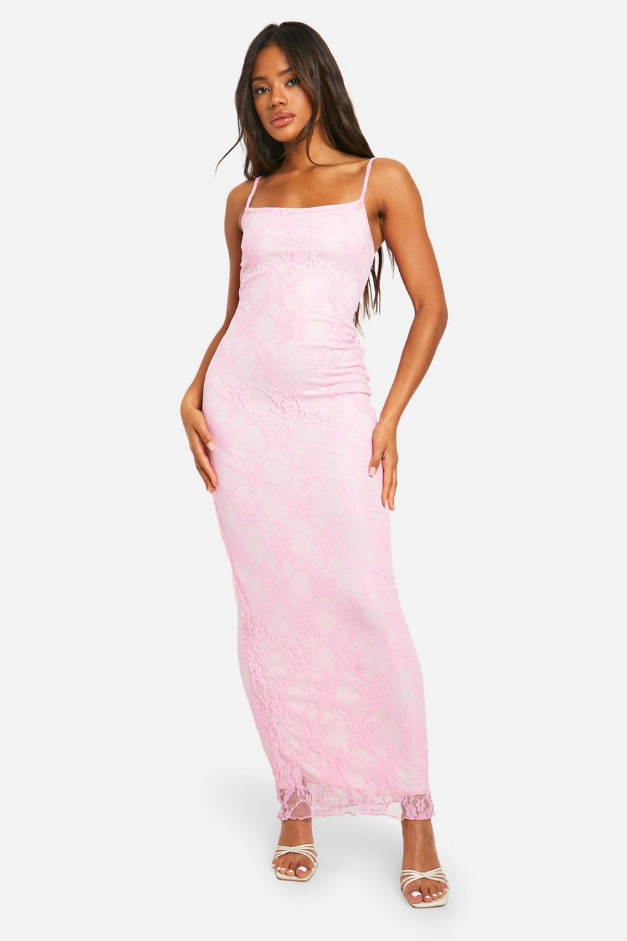 Baby pink Square Neck Strappy Lace Maxi Dress