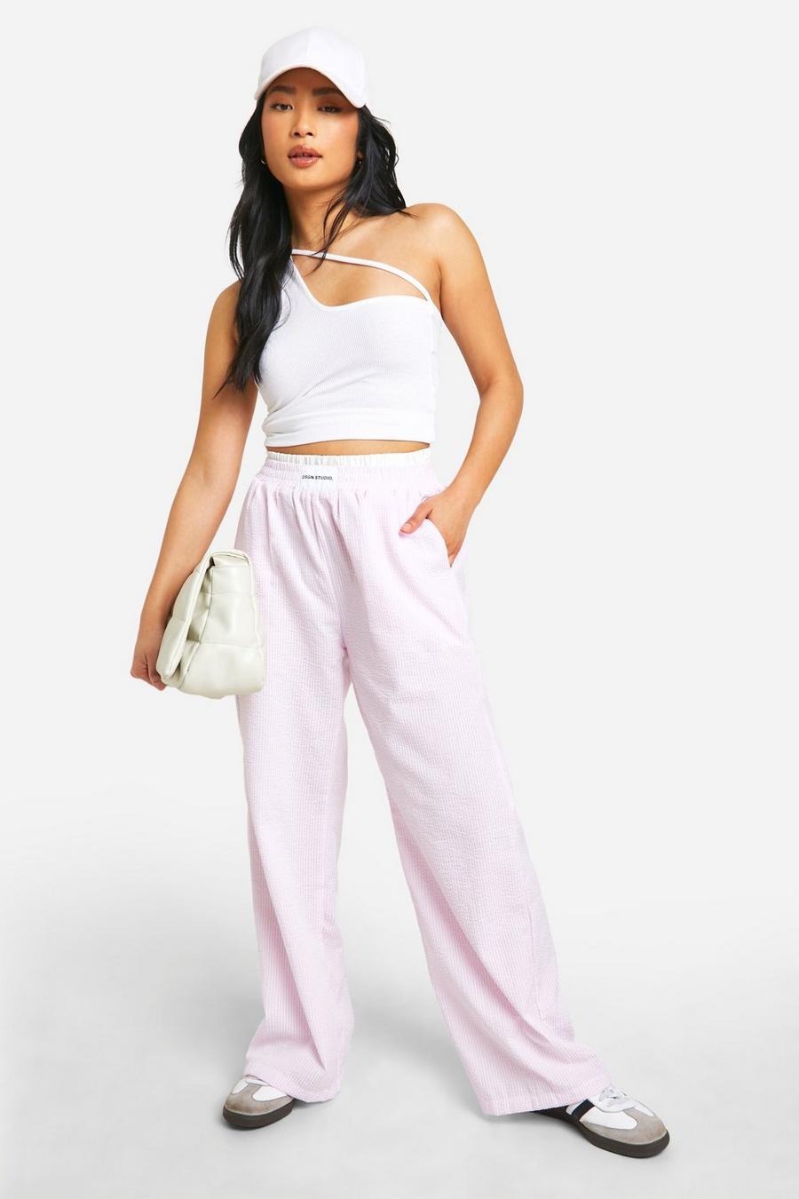 Pink Petite Contrast Waistband Pinstripe Pants image number 1