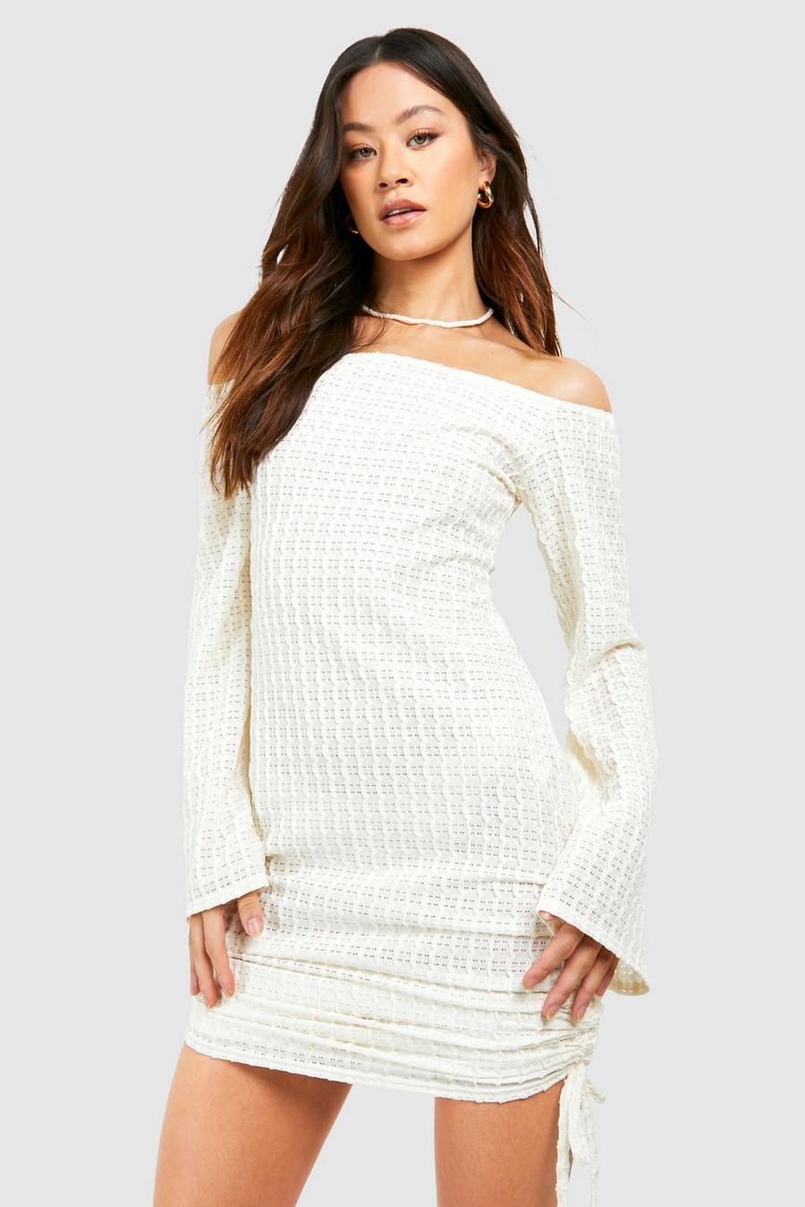 Cream Tall Crinkle Ruched Off The Shoulder Mini Dress