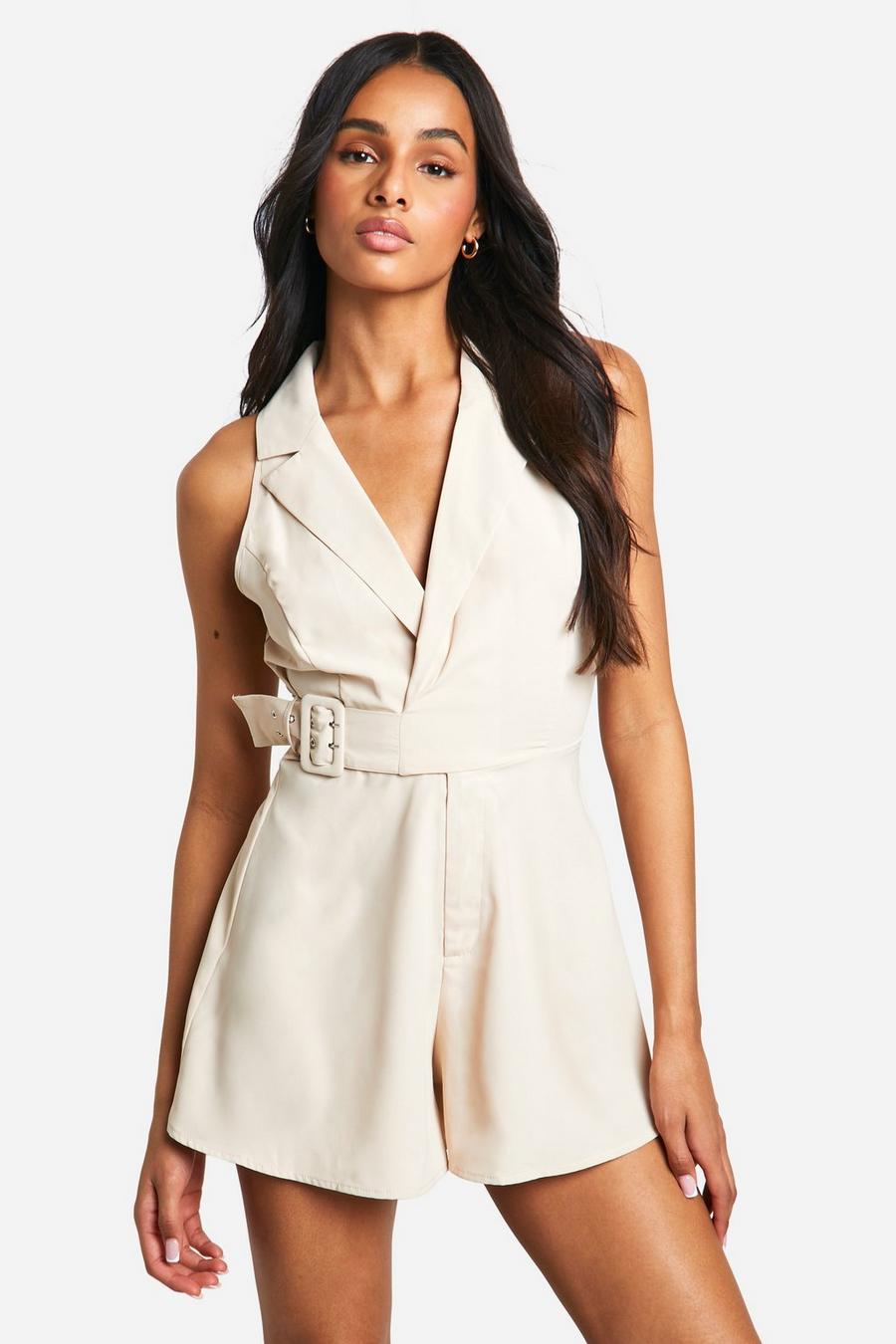 Stone Tall Woven Collared Buckle Detail Playsuit 