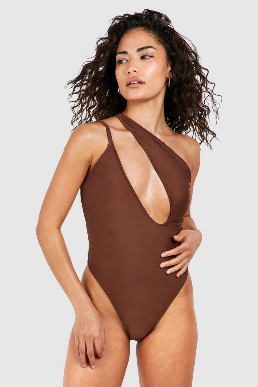 Chocolate Petite Plunge One Shoulder Swimsuit image number 1