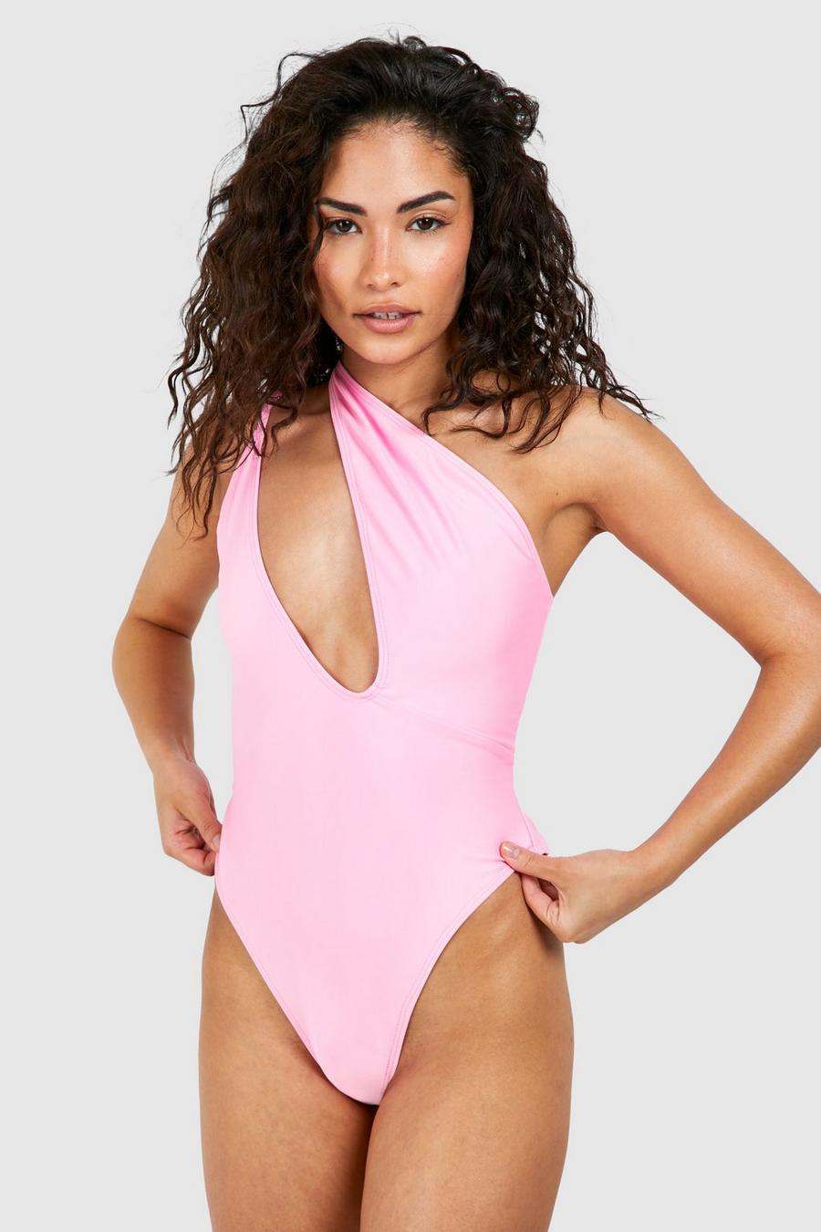Pink Petite Plunge One Shoulder Swimsuit