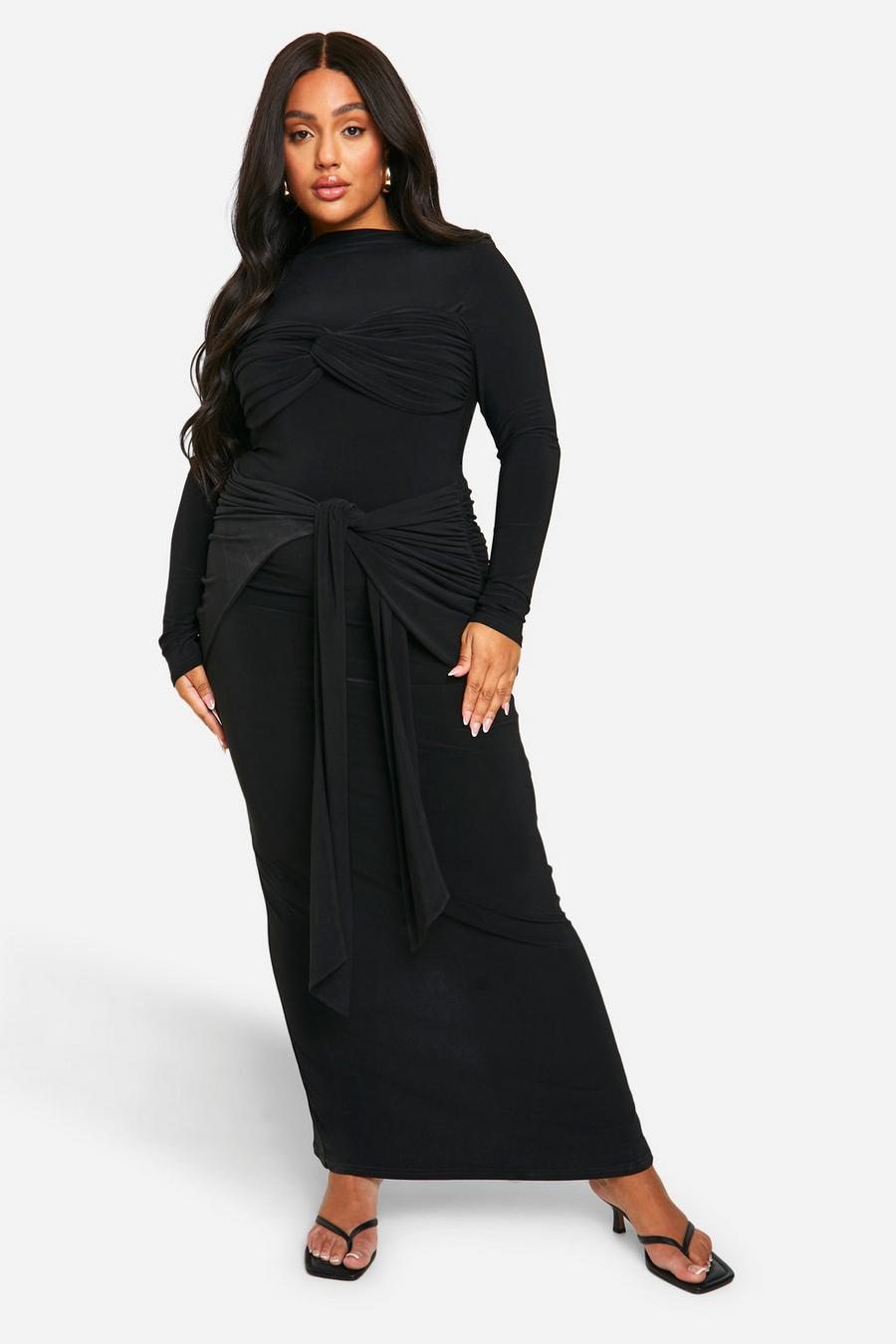 Black Plus Double Slinky Ruched Tie Maxi Dress