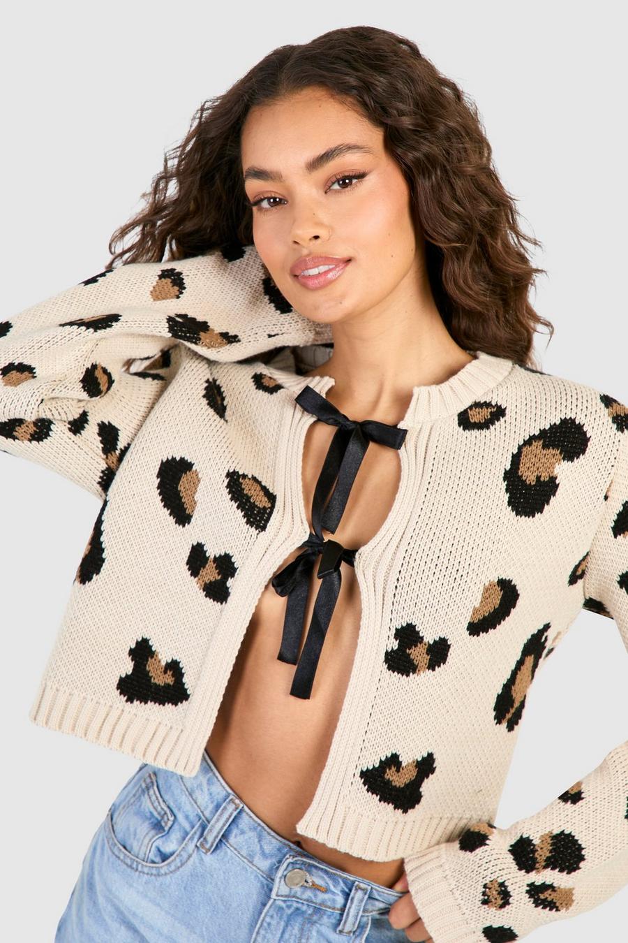 Cardigan in maglia con stampa leopardata e fiocco, Cream