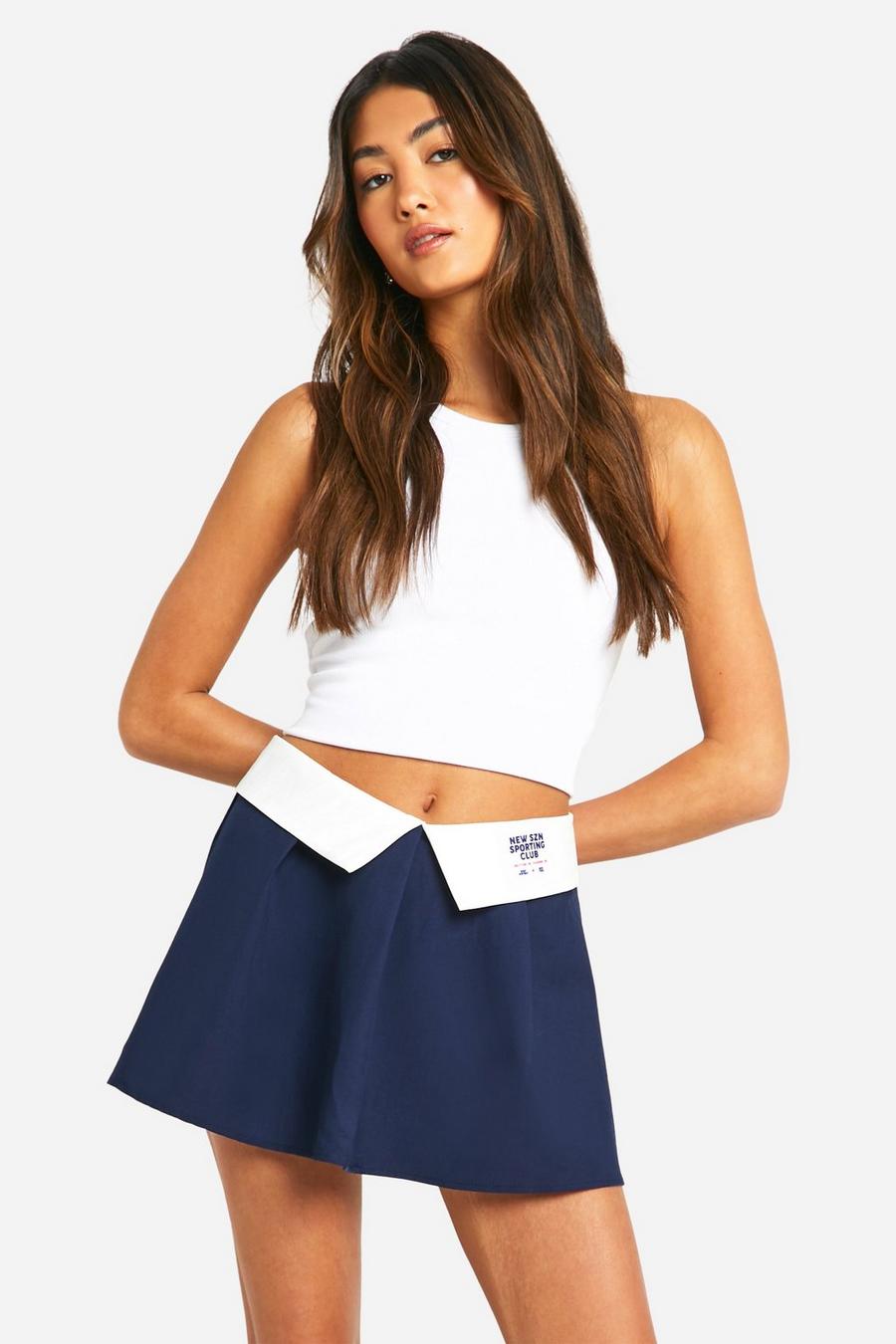 Navy Folded Waistband Design Studio Pleated Tennis Skirt