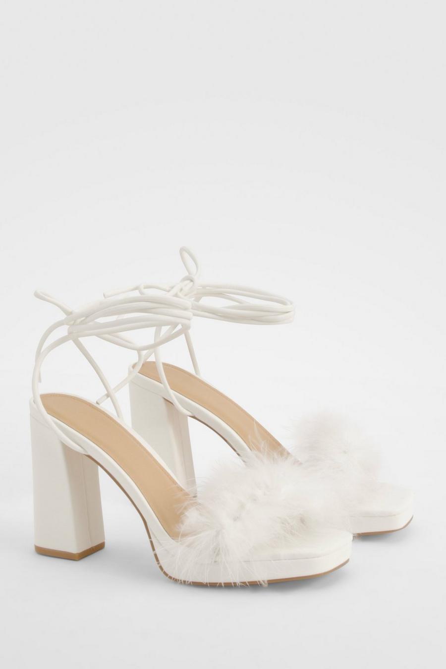 White Feather Strap Wrap Up Block Heels image number 1