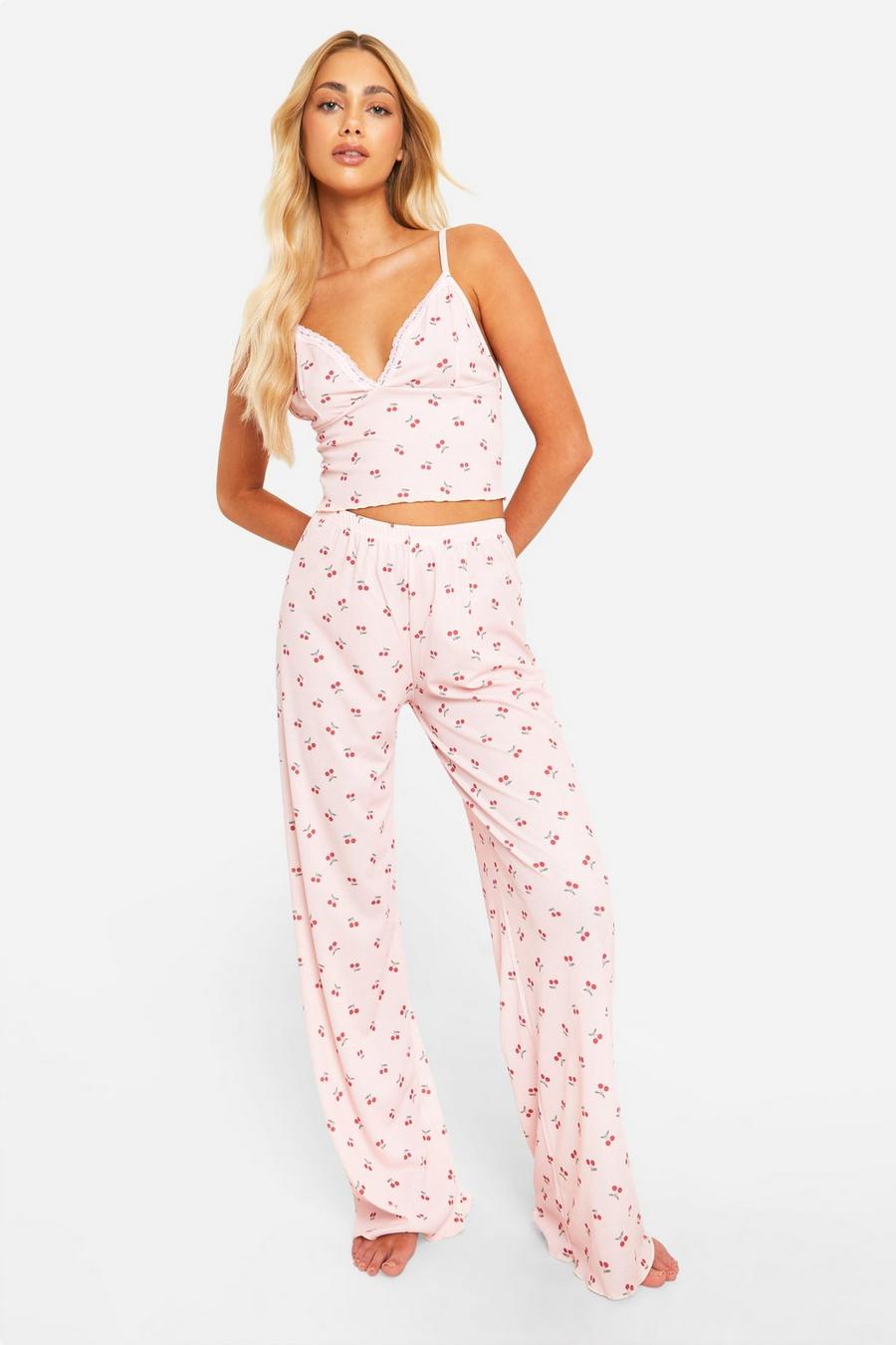 Pijama de pantalón largo y camisola con estampado de cerezas, Pink image number 1