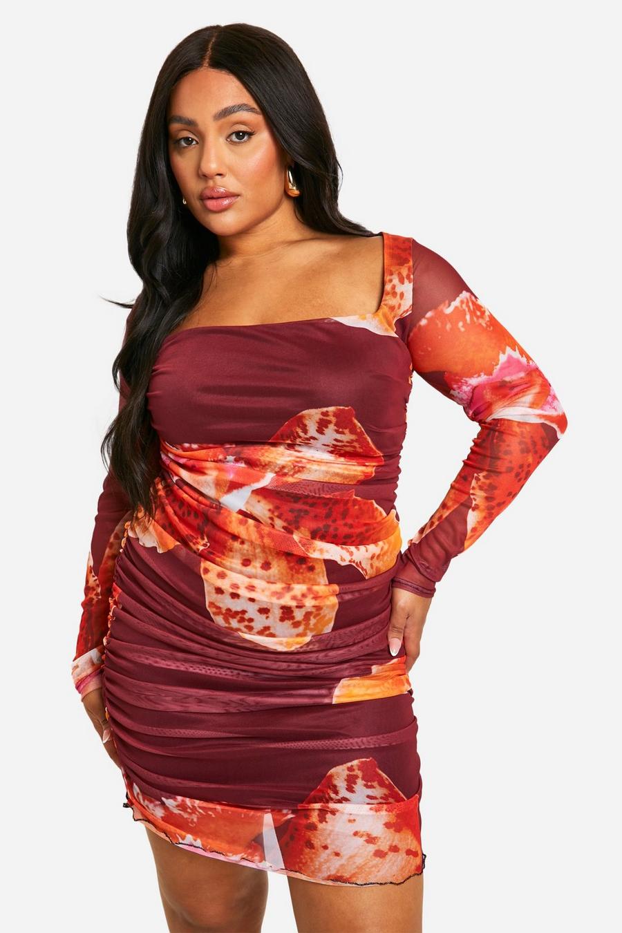 Multi Plus Mesh Printed Ruched Bodycon Dress 