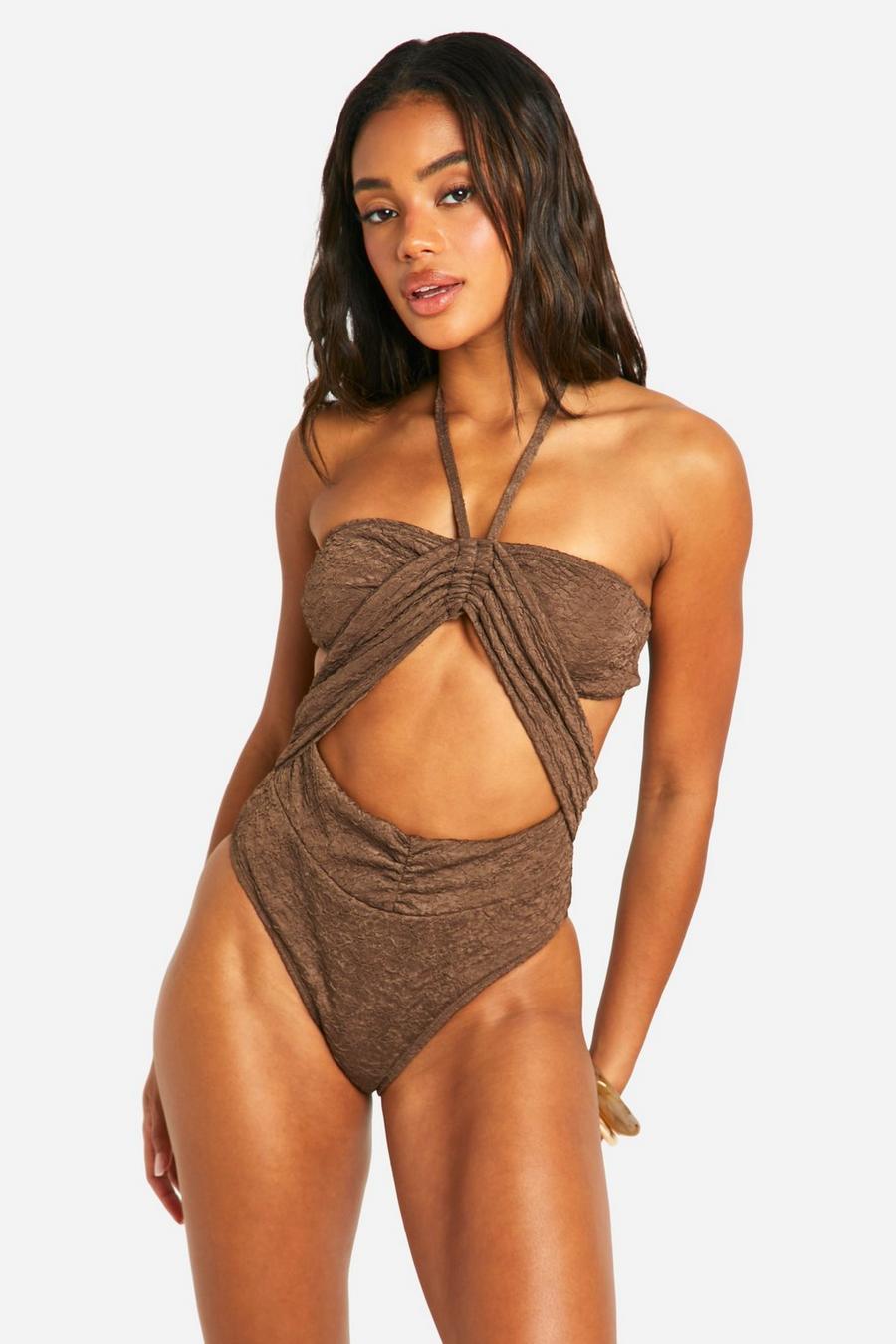 Brown Textured Ruched Cut Out Swimsuit