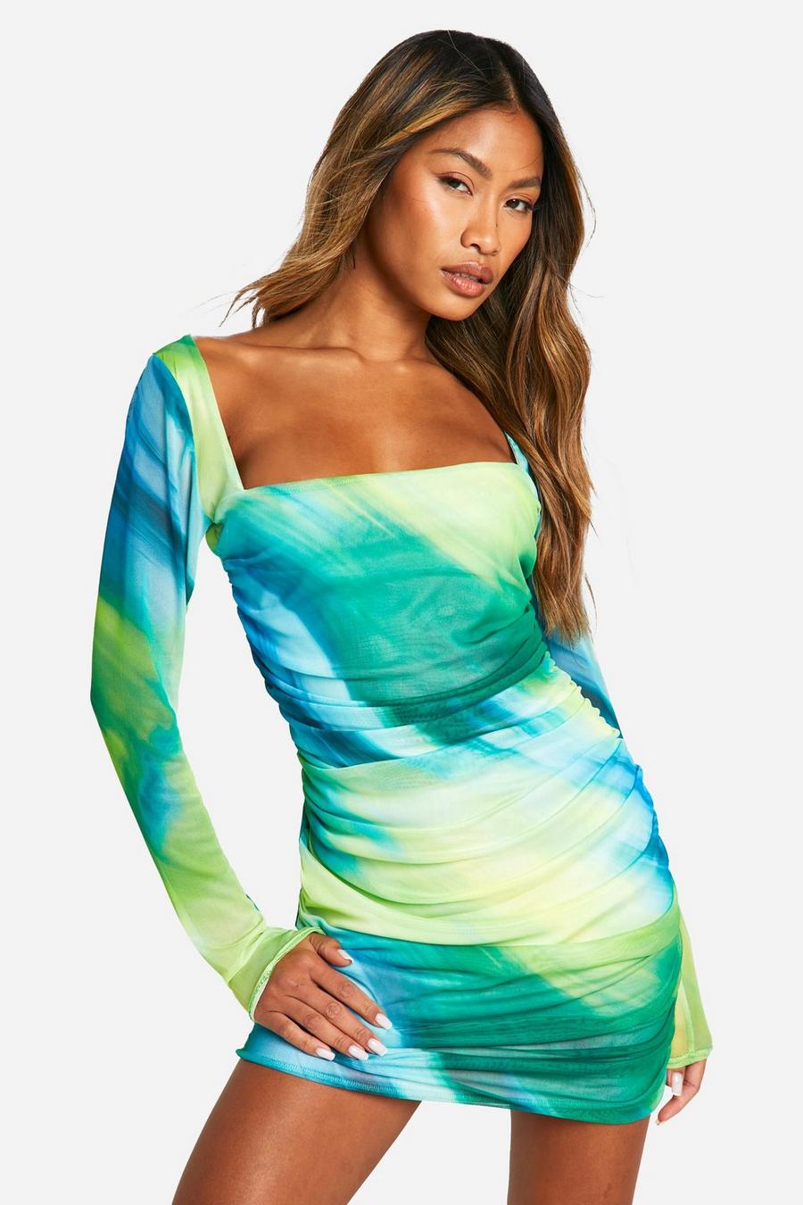 Green Square Neck Ruched Mesh Printed Bodycon Dress