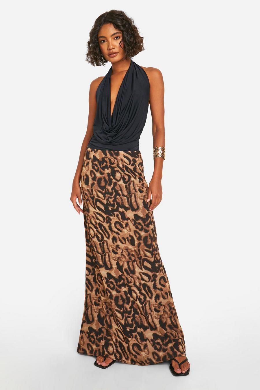 Brown Tall Chiffon Leopard Maxi Skirt 