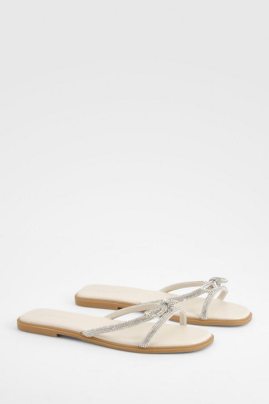Cream Rhinestone Bow Detail Sandals