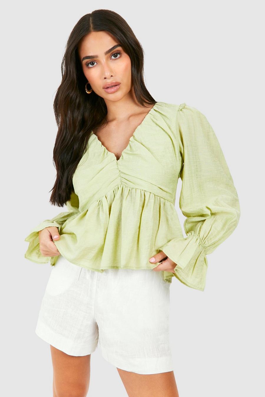 Chartreuse Petite Puff Sleeve Ruched Top image number 1