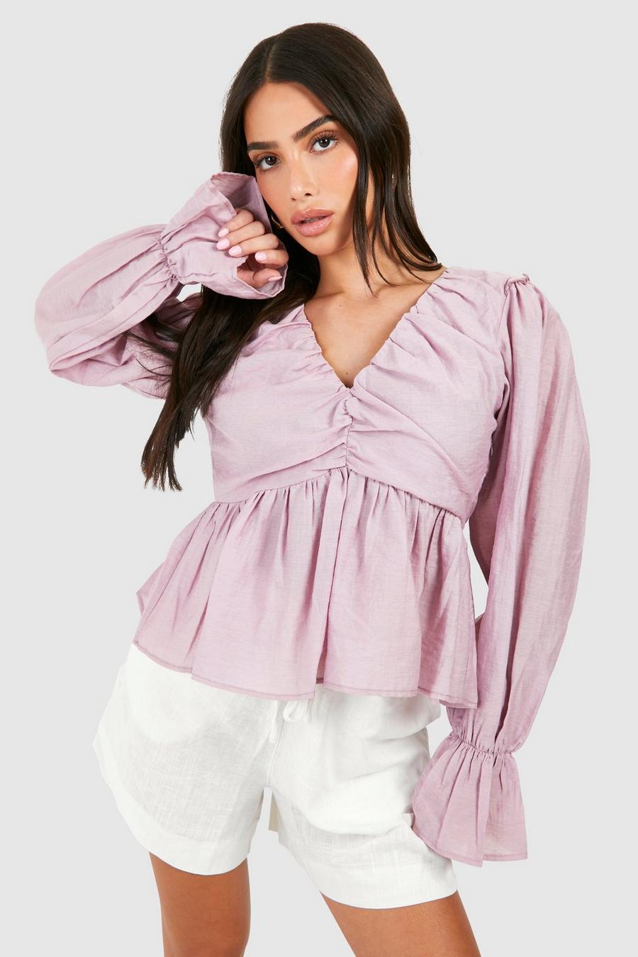 Lilac Petite Volume Sleeve Ruched Top