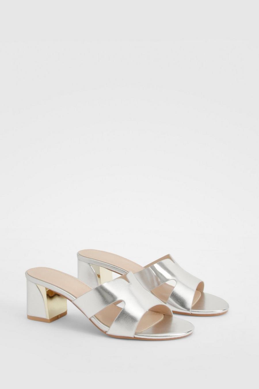Silver Metallic Cut Out Detail Block Heeled Mules  image number 1