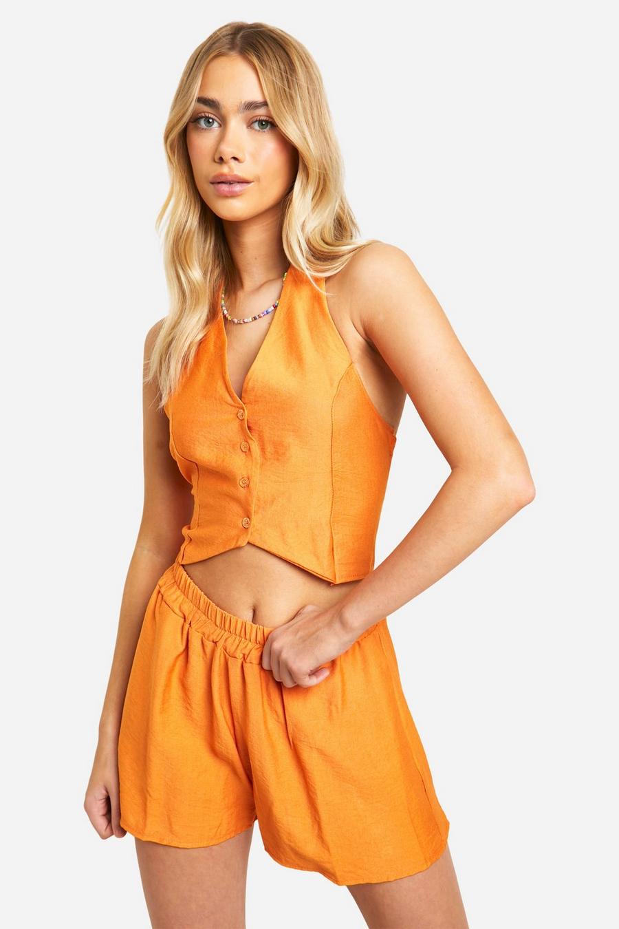 Orange Linen Look Halter Waistcoat & Flippy Shorts