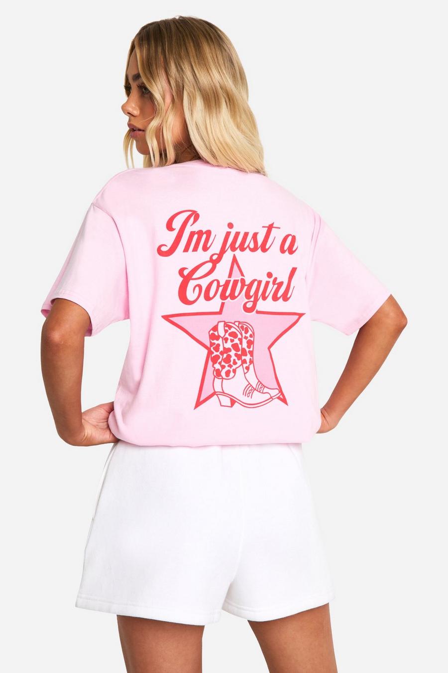 Pink Oversized I'm Just A Cowgirl T-Shirt Met Tekst image number 1