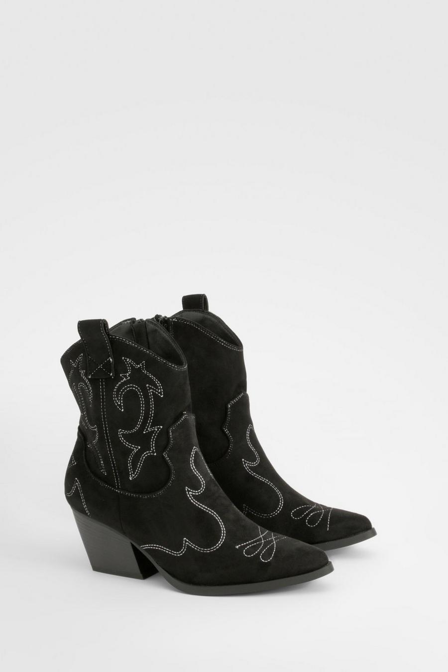 Black Stitch Detail Western Ankle Boots image number 1