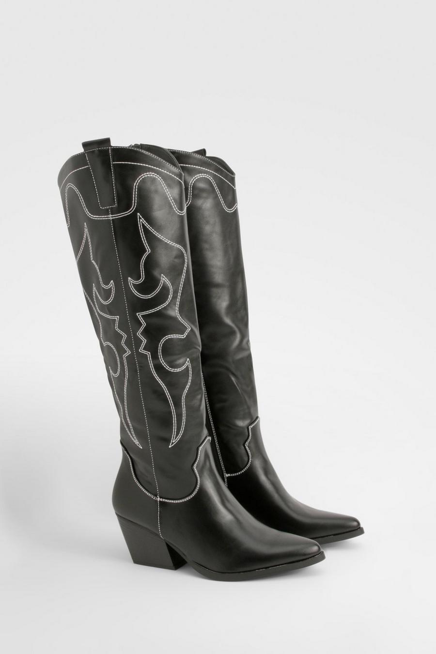 Black Stitch Detail Over The Knee Cowboy Boots image number 1
