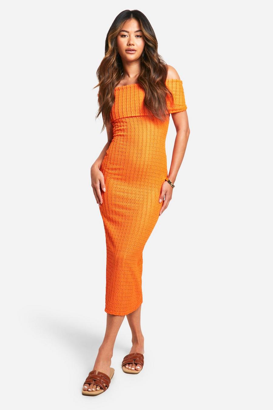 Vestito longuette con trama, scollo Bardot e cut-out sul retro, Orange image number 1